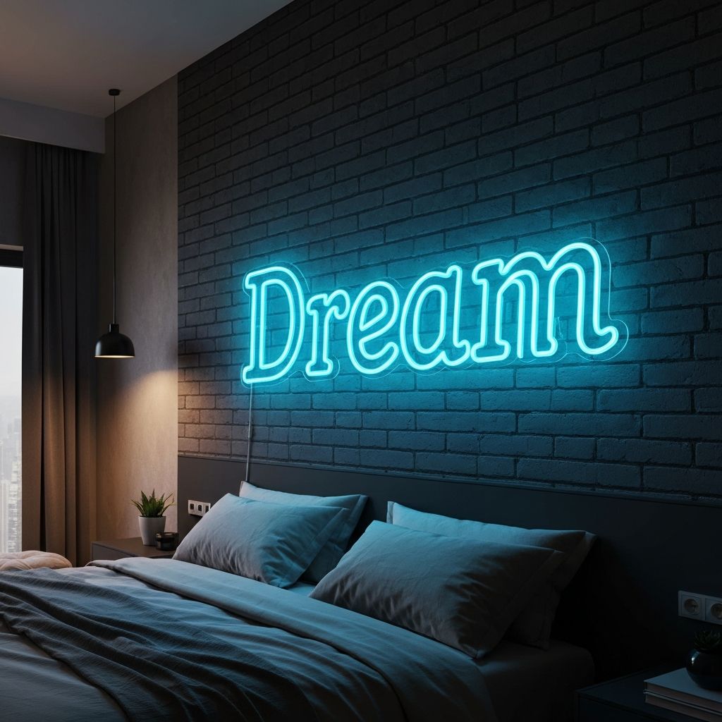 Dream neon sign in bedroom